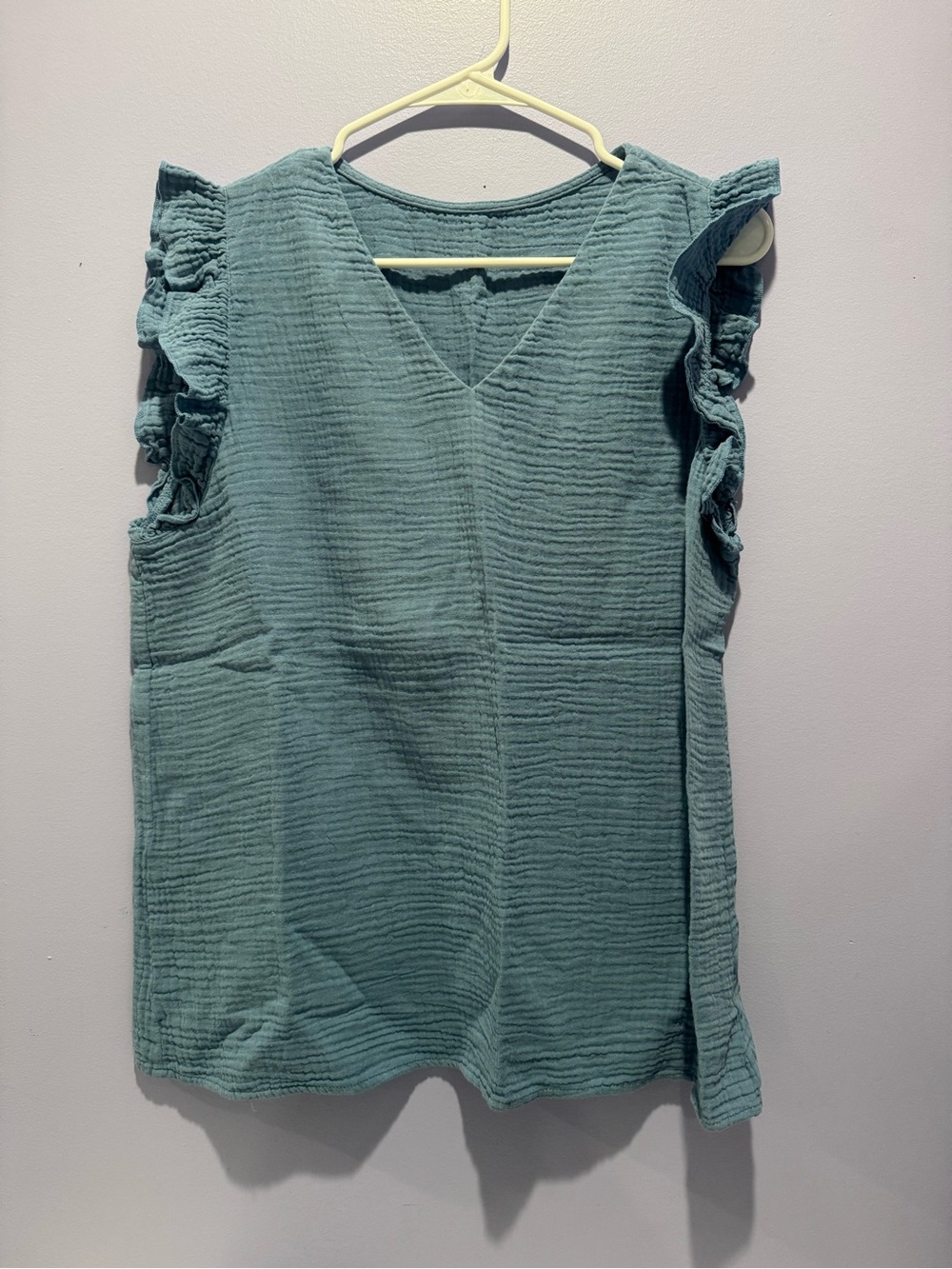 Textured Ruffle Sleeve V-Neck Women's Top - Teal